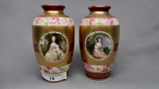 Pair 4.5" vases, OS Marked gainsbourgh lady w/ dog & lady w/ fan decor