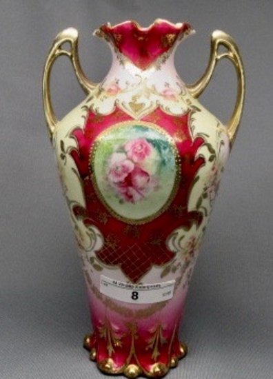 RS Prussia 9" vase w/ red trim and medallion of floral ( GG mark also)