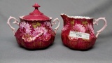UM RSP Early Years red cream sugar set w/ pink mums, matched cake plates. E