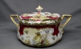 RS Prussia stipple mold cracker jar in red trim w/ yellow roses. Does have