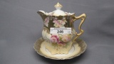 RS Germany Steeple Mark floral syrup pitcher w/underplate, heavy gold