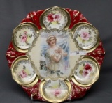 RS Prussia Winter Scene cake plate w/ floral domes RARE, 9