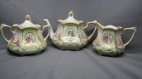 RS Prussia paneled 3-pc. Teaset w/Colonial Couple & Floral Swags