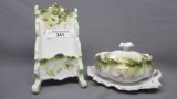 Early Years mustard pot w/underplate & card holder w/hand painted mums & st