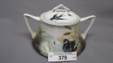 RS Prussia 3-scene sugar bowl, Swallows/Swans/Black Swan. Very Rare!