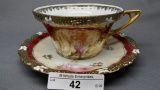 UM RSP Stippled mold coffee cup w/ yellow roses & heavy gold red trim