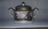 RS Prussia double scenic satin cracker jar w/Rare sailboats on water and si