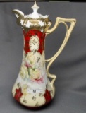 UM RSP Stipple mold tall floral chocolate pot w/ yellow roses red trim