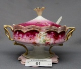 Petal footed horseradish covered dish w/ spoon- pink red trim RARE!!! Un ma