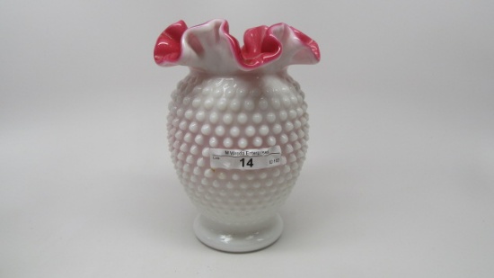 Fenton 6" rose cased hobnail vase
