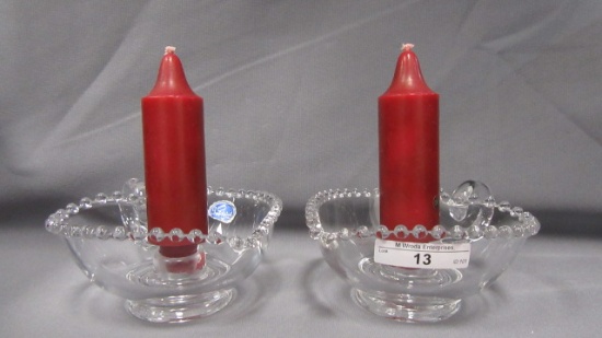 Imperial Candlewick Crystal Pair Handled Heart Candleholders 48C