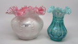 Fenton Green Opal Vase and 6