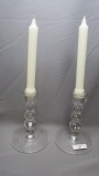 Imperial Candlewick Crystal Pair 3 Beaded Candle holders w/ Wheel Cut Corn