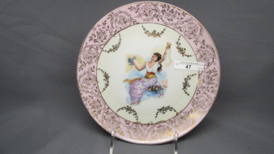 ES GErmany 10" plate w/ lady on swing fruit and florals