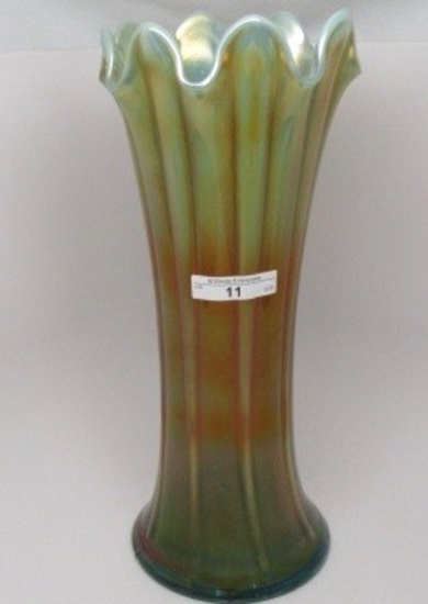 Northwood 12" Aqua Opal Thin Rib mid-size vase. Butterscotchy