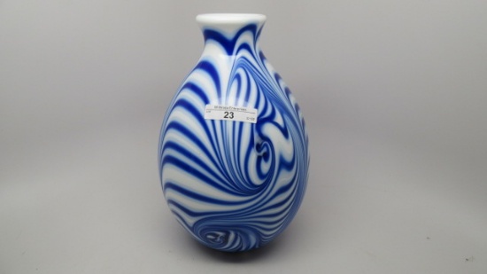 Fenton Barber 9" pinched swirl blue vase on white
