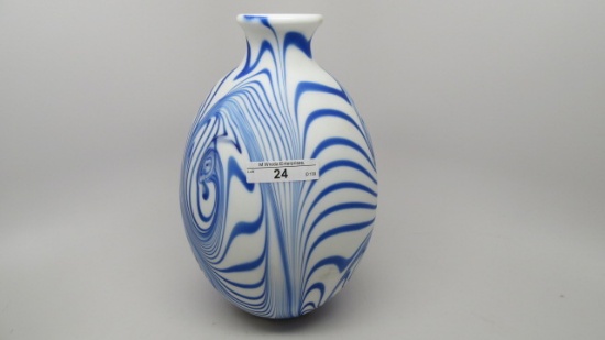 Fenton Barber 9" pinched swirl blue vase on satin white