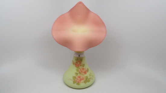 Fenton 10" painted roses burmese JIP vase