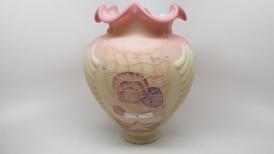 Fenton 10" painted burmese Seashell vase