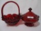 Fenton red hobnail large basket and covered candy