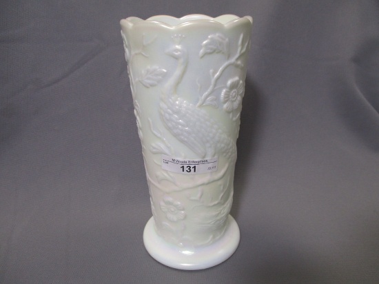 Fenton white irid Peacock Garden vase