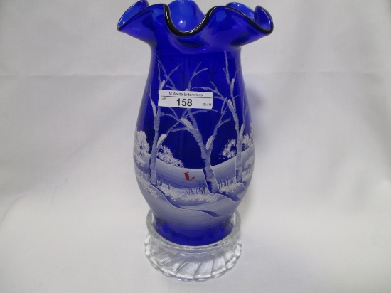 Fenton cobalt decorated snow scene- Hurricane lamp