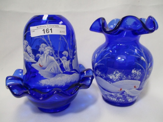 Fenton cobalt decorated snow scene- fairy light 5" vase