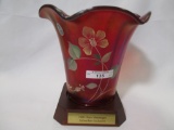 Fenton red stretch painted flip vase on base