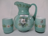 Fenton decorated pitcher and 2 tumblers