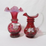 2 Fenton  cranberry decorated, pitcher and 7