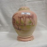 Fenton burmese decorated ginger jar w/ horse