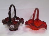 Fenton decorated ruby red basket and 1 undecorated