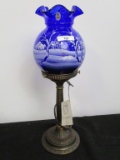 Fenton winter/snow scenic on cobalt ball shade dresser lamp