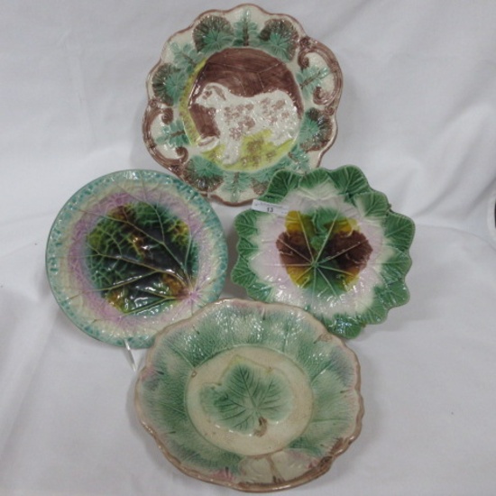 4 Majolica plates including Dog plate