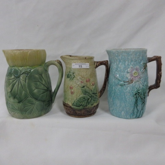 3 Majolica pitchers 7-8"