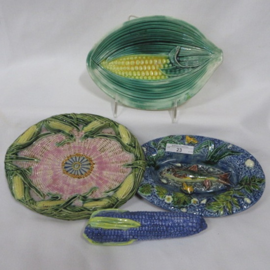 3 Majolica small plates or olive trays w/ ear corn