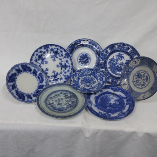 8 flow blue plates and soup bowls