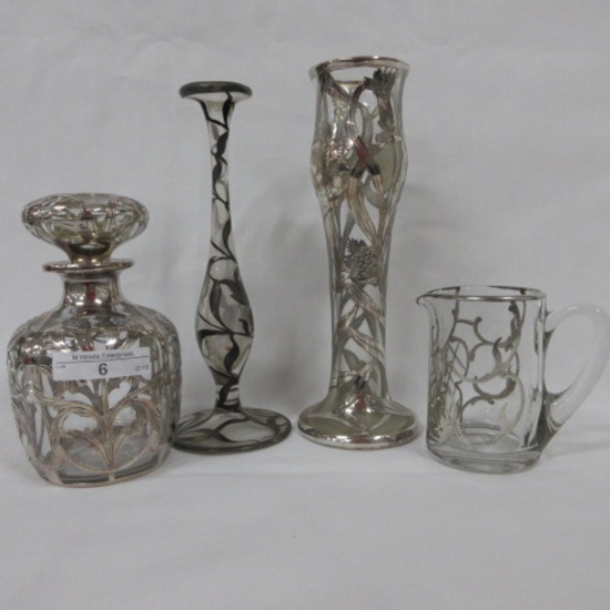 4 pcs Silver Overlay  glass items including 5" cologne bottle