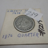 1876 S Seated Lib quarter F