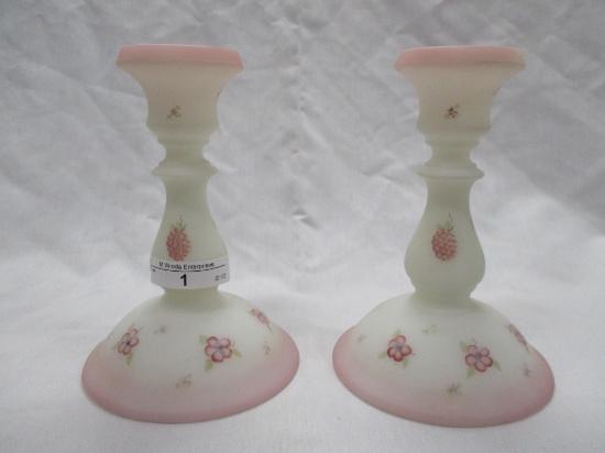 Pr Fenton Decorated Berries Candlesticks