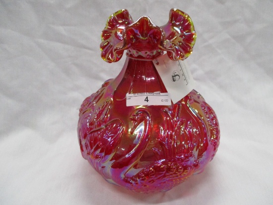 Fenton Swans Ruffled Top Vase as Shown red Carnival