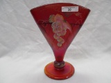 Fenton Red Stretch Decorated Fan Vase