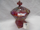 Fenton Red Carnival Covered Candy with Fleur De Li