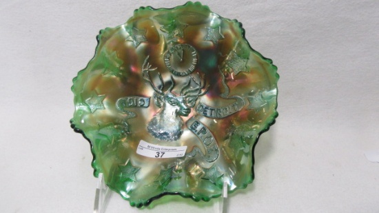 Fenton 7" Green 1910 Detroit Elk's Ruffled Bowl RARE