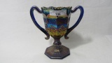 Fenton Elec Blue Orange Tree Loving Cup. Radium Irid.