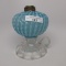 #1 footed finger lamp in Sheldon Swirl pattern. Blue opal font with clear h