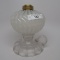#1 footed finger lamp in Sheldon Swirl pattern white opal font and clear ha