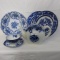 Flow Blue Tourine Pattern - Tea Pot, Tea Cup and Saucer, Bowl, and 2 Plates