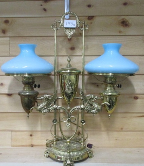 Sold at Auction: Rare Small Antique Brass Double Student Oil Lamp