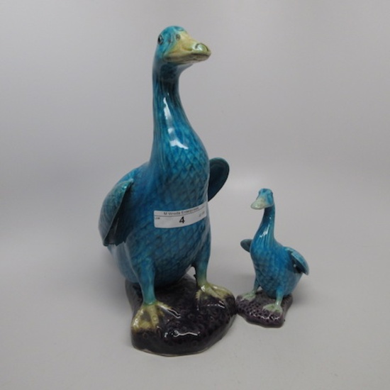 2 Chinese enameled duck figures 4" & 8"